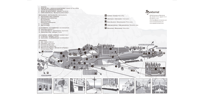 Map of the Montserrat Sanctuary with the main points of interest, accommodations, restaurants, transport and services.